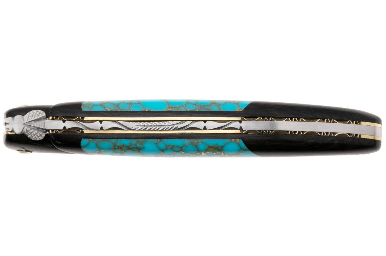 Laguiole en Aubrac Ebony, Turquoise Gold Inlay, Handcarved Brass Plates, zakmes, 12 cm