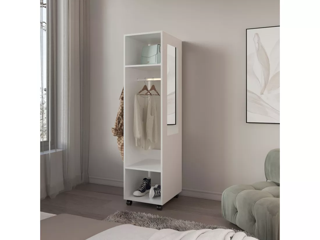 Armoire en mélamine Kronospan, trois étagères, tringle à vêtements et miroir inclus, Blanc, 160 cm X 40 cm X 48 cm