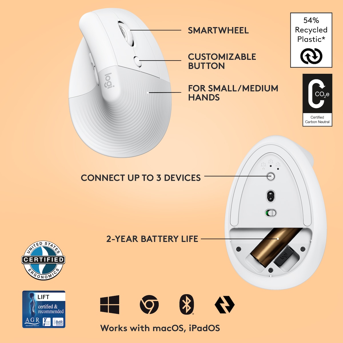 Logitech Lift Vertical trådløs mus (hvit)