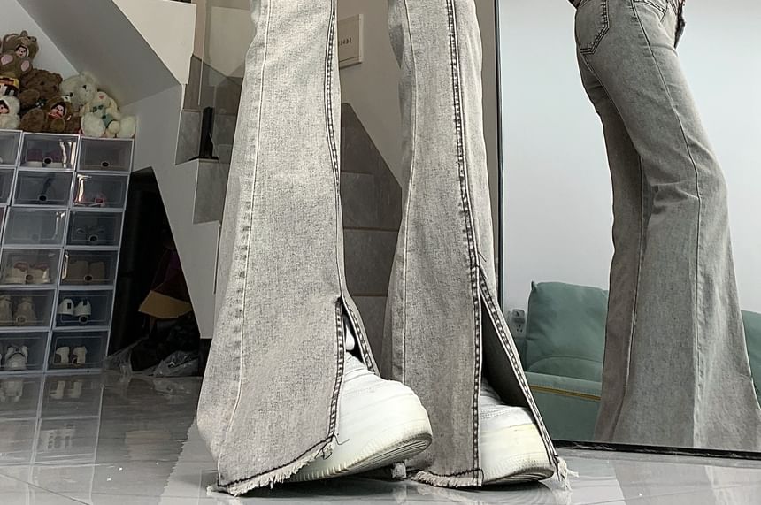 RONIN - Mid Waist Slit Fringed Washed Flared Jeans