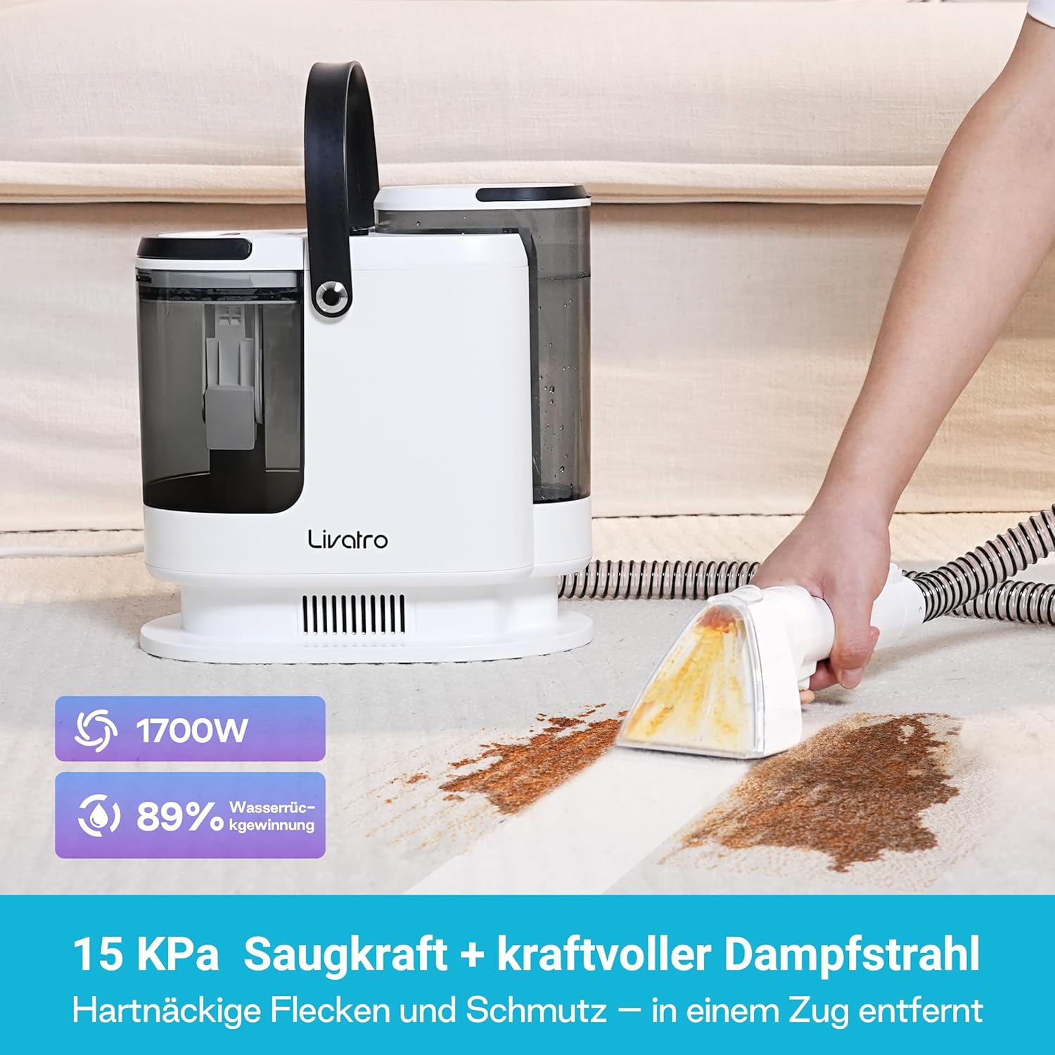 Polsterreiniger Gerät Nasssauger Waschsauger, 15 KPa Nasssauger Polsterreiniger, 1,6 L Wassertank, Kompakter Dampfreiniger Polstermöbel, Selbstreinigung, für Teppiche, Sofa, Vorhänge, Auto