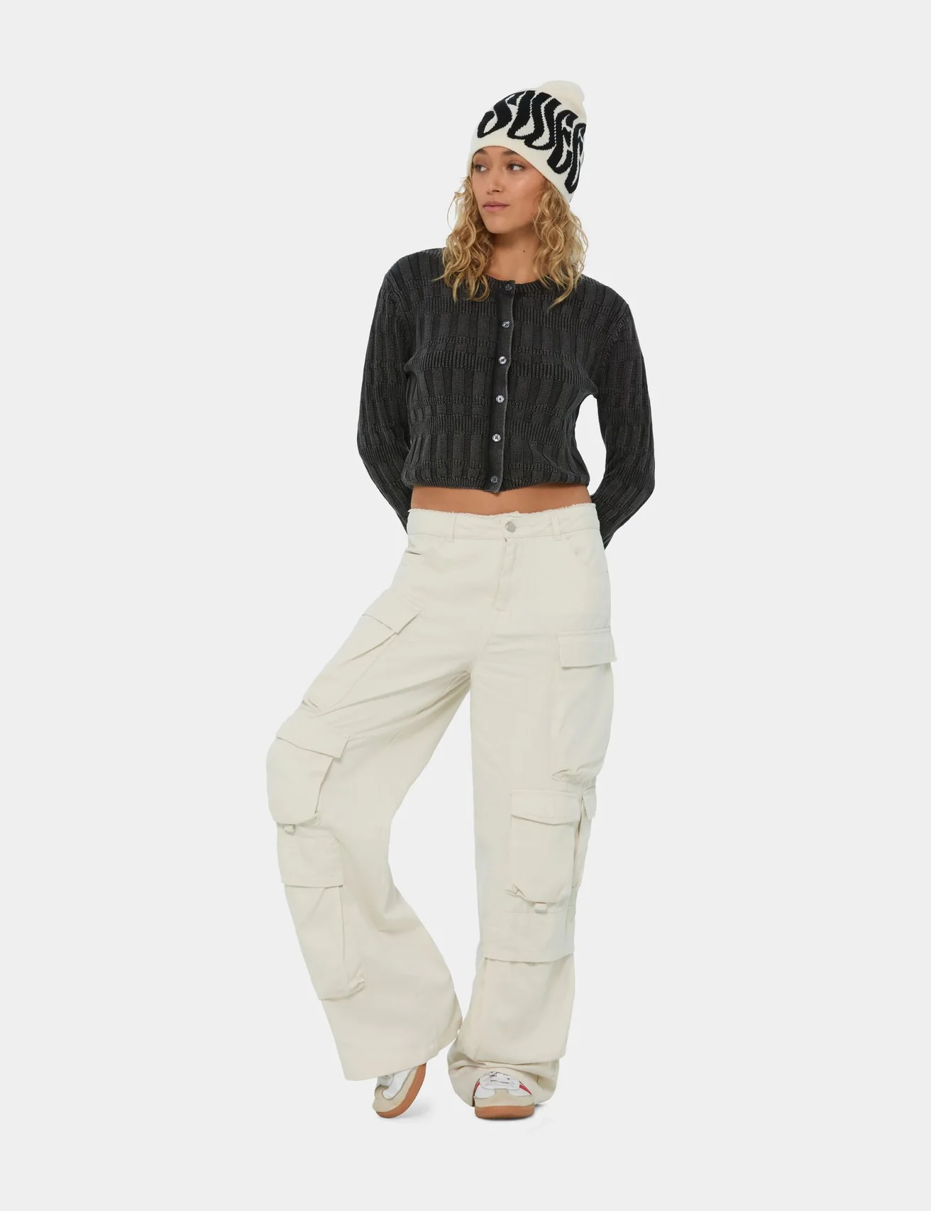 Pantalon cargo Wide Leg taille basse crème