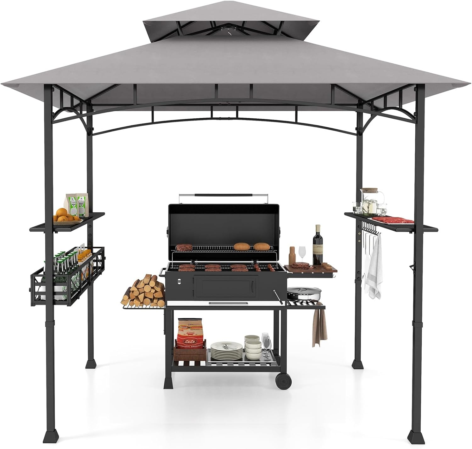 COSTWAY Grillpavillon mit Doppeldach, Seitenregalen, Metallkorb, Haken und Flaschenöffner, Grillüberdachungen wetterfest, Grillunterstand für Garten, Außenbereich, 242 x 153 x 250 cm (Grau)