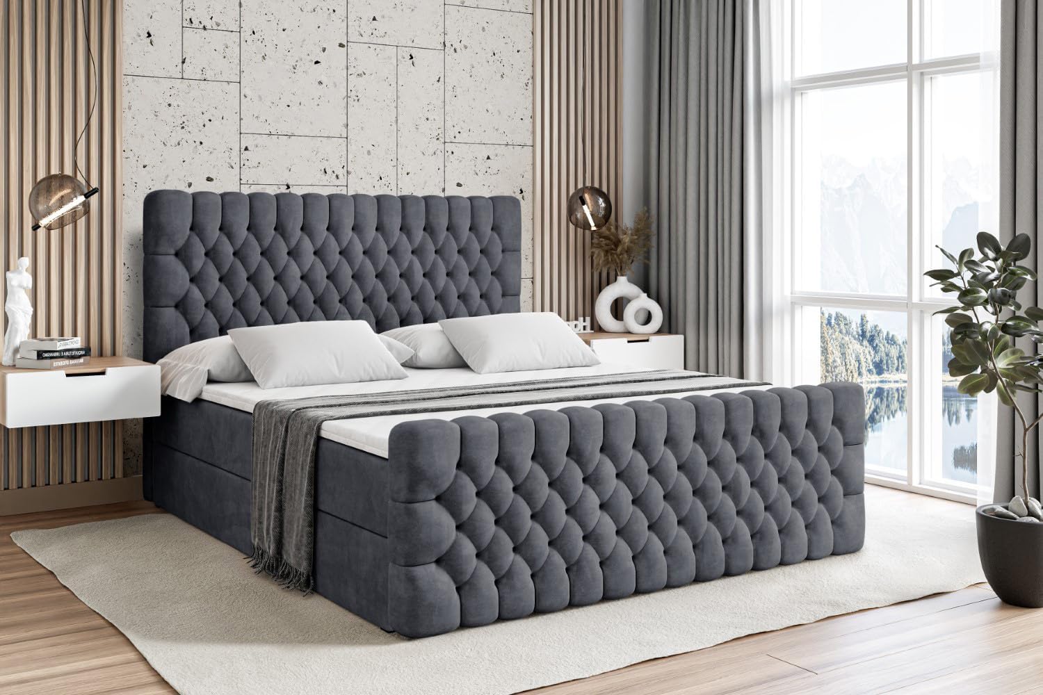 ALTDECOR Boxspringbett mit Matratze und Lattenrost, Boxbett, Topper, Fußteil, Polsterbett mit Bettkasten, Bett mit Stauraum H3-Matratze, Springboxbett -Serene-Z - 180x200 - Dunkelgrau Samt