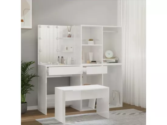 Ensemble de coiffeuse avec LED Blanc brillant Bois d'ingénierie