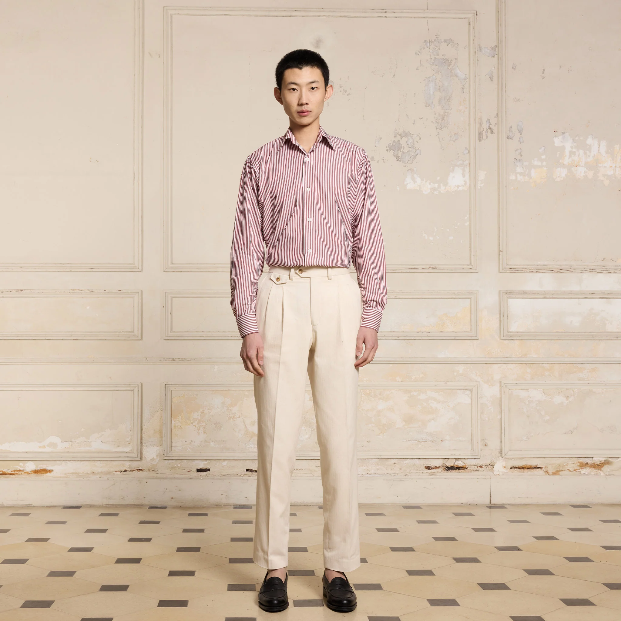 Burgundy and white striped poplin shirt
