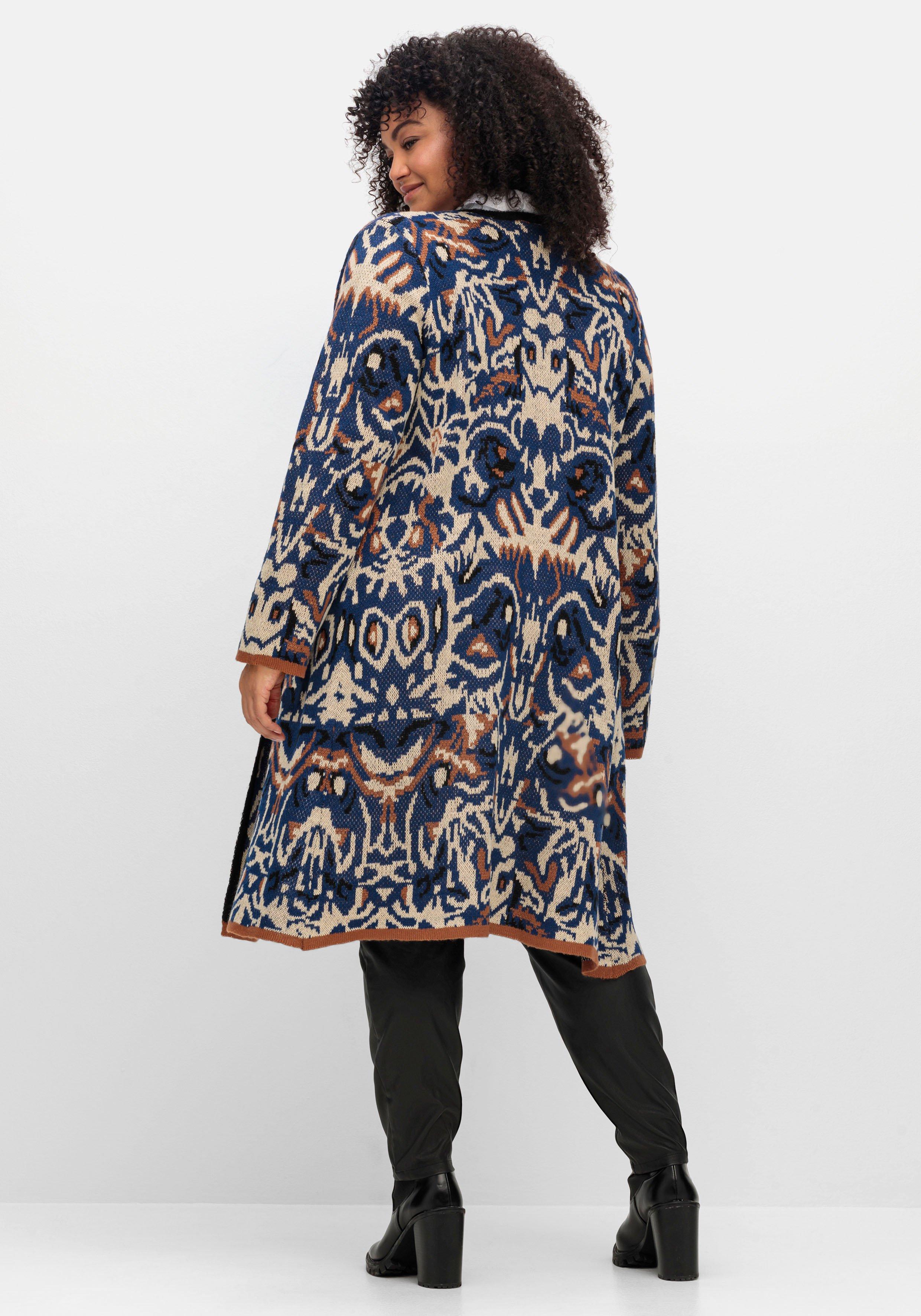 Langer, offener Strickmantel mit Jacquardmuster