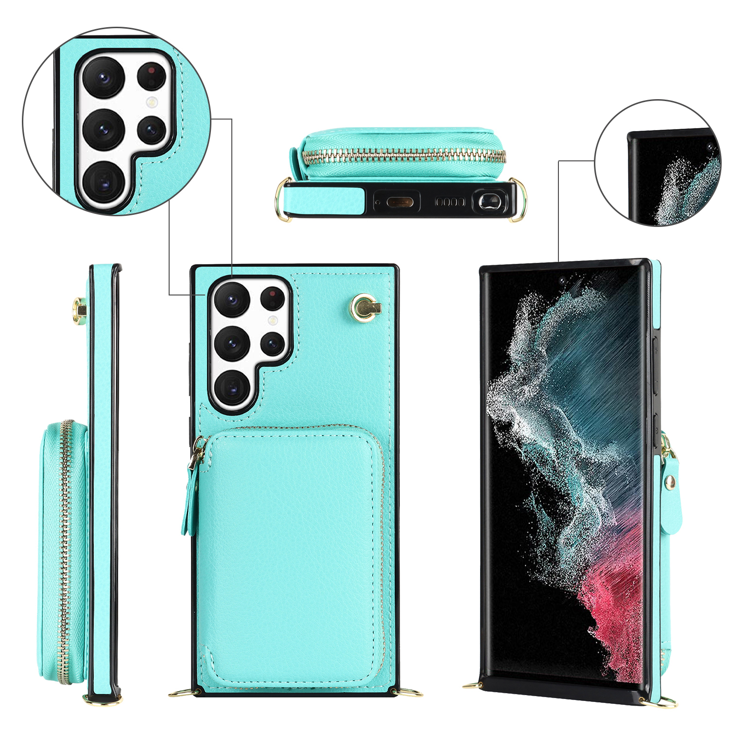 Samsung Galaxy S23 Ultra 5G Necklace Leder Schutz Hülle mit Kartenfächer   Handykette (140cm) - Türkis