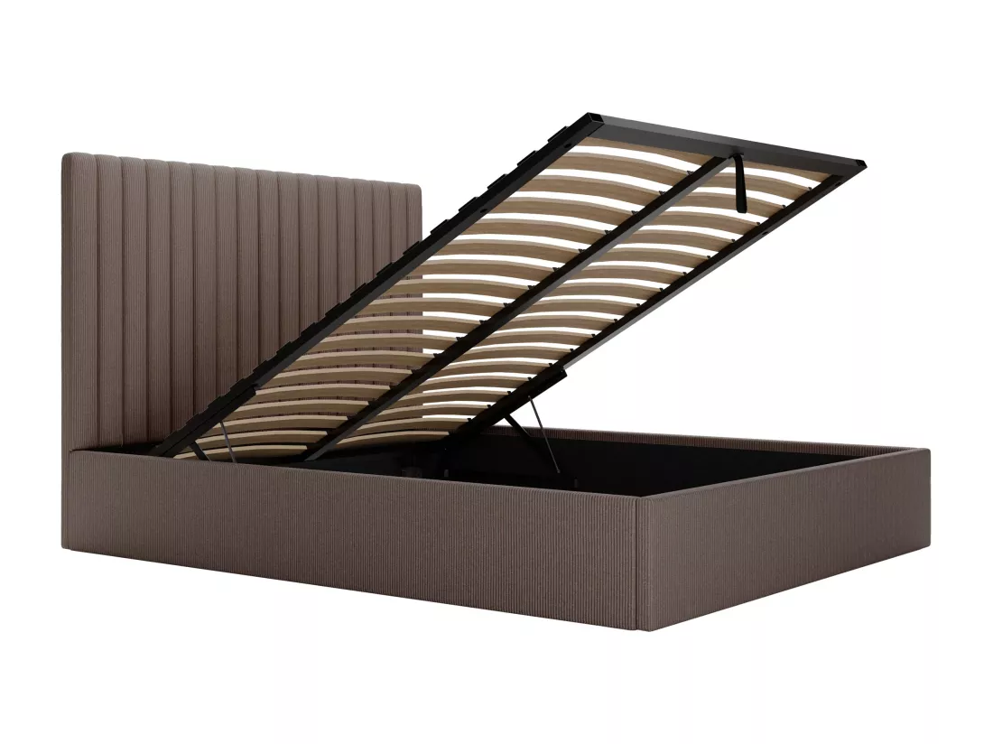 Lit coffre 180 x 200 cm avec tête de lit coutures verticales - Velours côtelé - Taupe + Matelas - SARAH