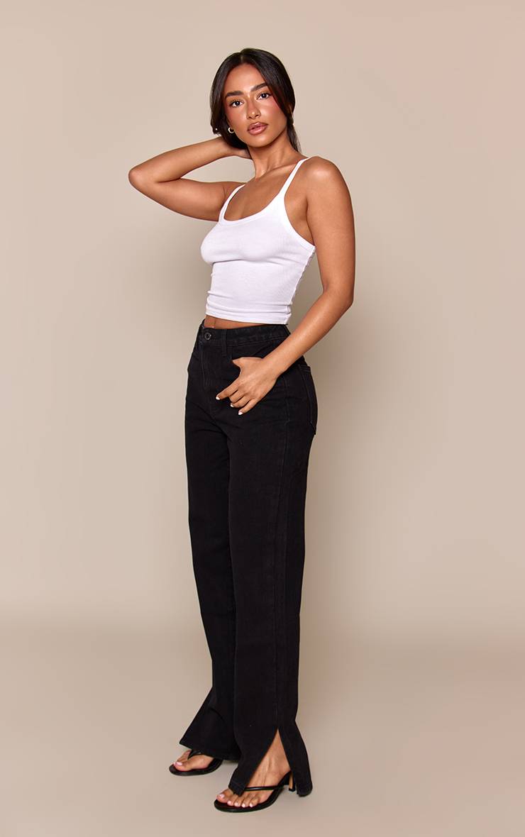 Noir Jean Petite Coupe Droite À Ourlet Fendu