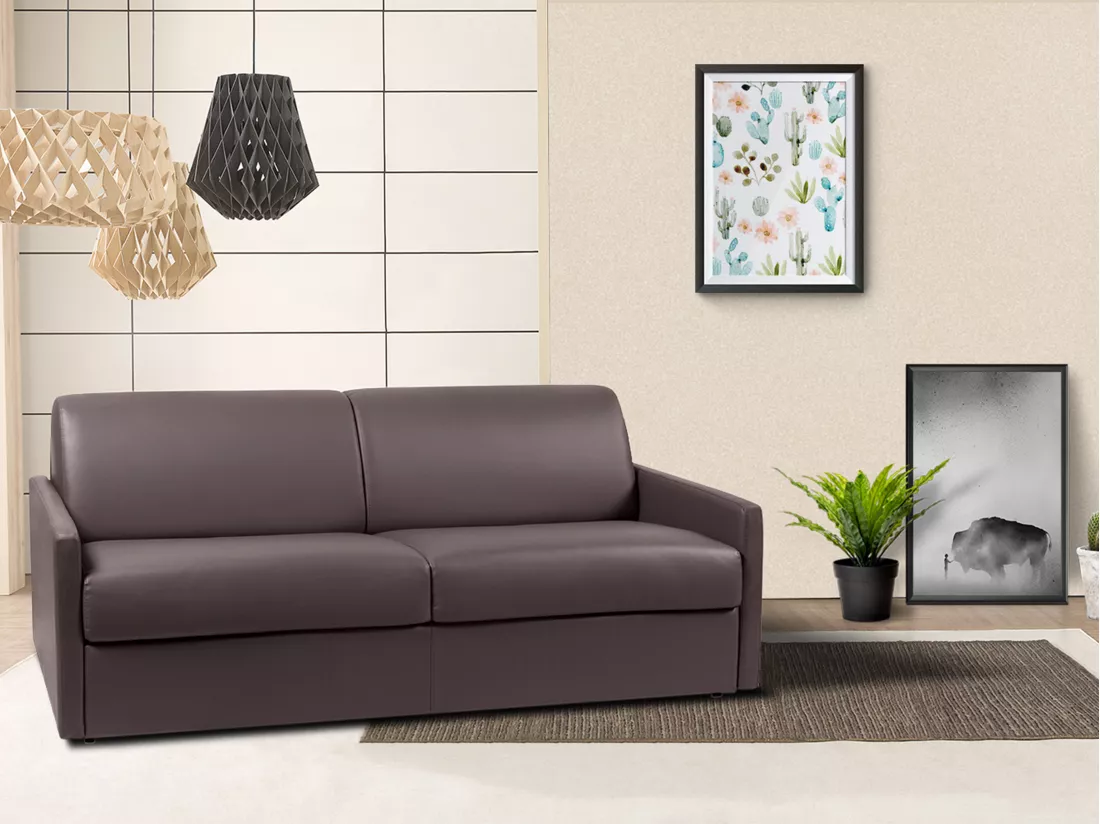 Canapé 4 places convertible express en simili marron - Couchage 160 cm - Matelas 18 cm CALIFE