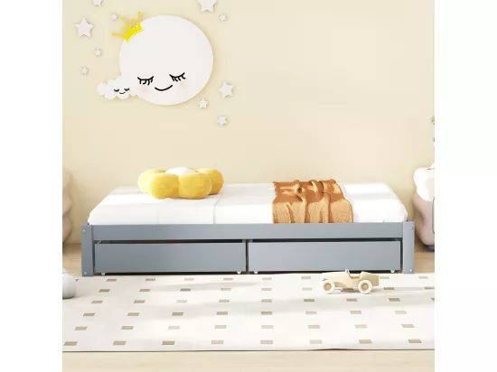 Lit enfant en bois massif 90x200 avec 2 tiroirs et sommier à lattes , lit moderne en bois avec sommier , gris