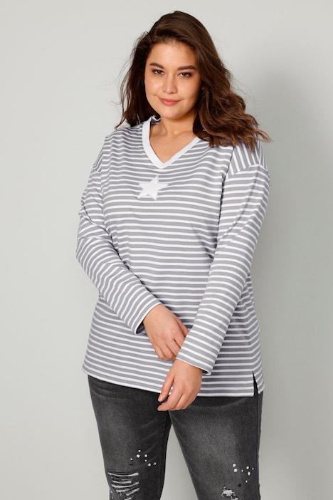 Sweatshirt, A-Line, Ringel, Frottee-Stern, V-Ausschnitt, Langarm