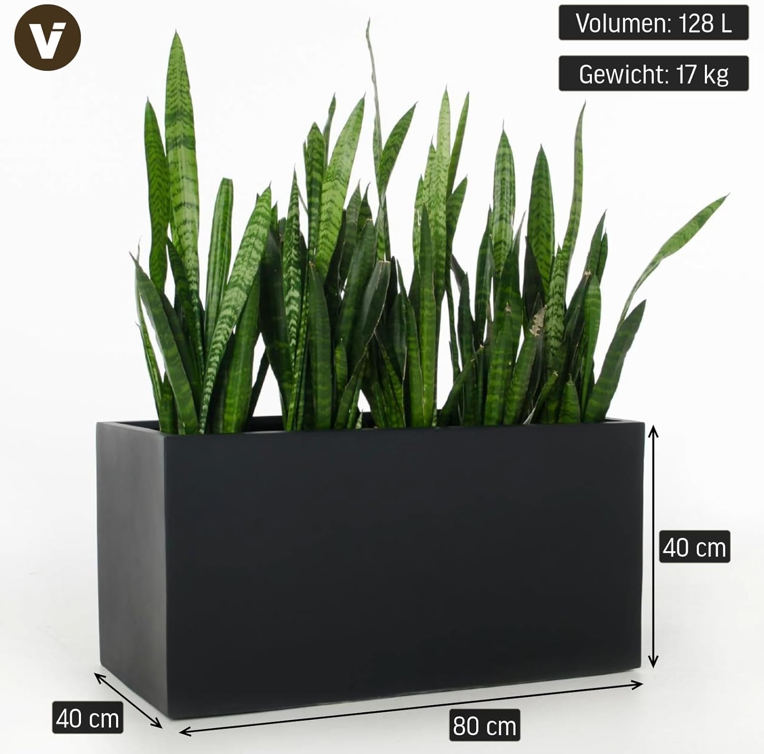 VIVANNO Pflanzkübel Pflanztrog Blumentrog Fiberglas Anthrazit Maxi 40x80x40