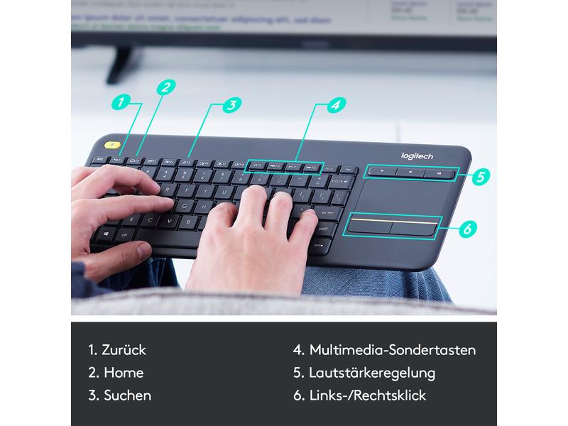 Logitech Tastatur K400 Plus CH-Layout Kabellose Tastatur mit Touchpad, CH-Layout, dunkelgrau
