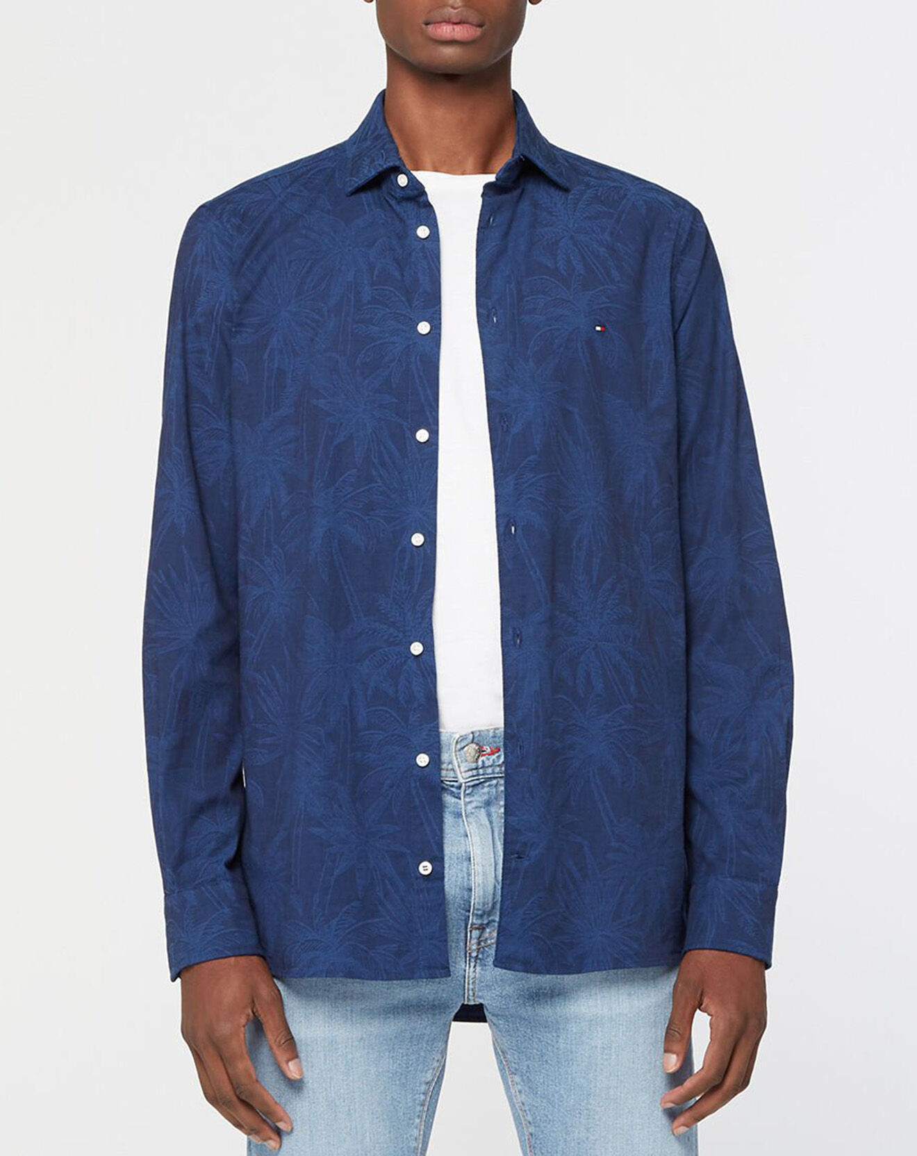 Tommy Hilfiger Chemise Slim en Coton Bio mélangé Flex Jacquard Palmtree bleue