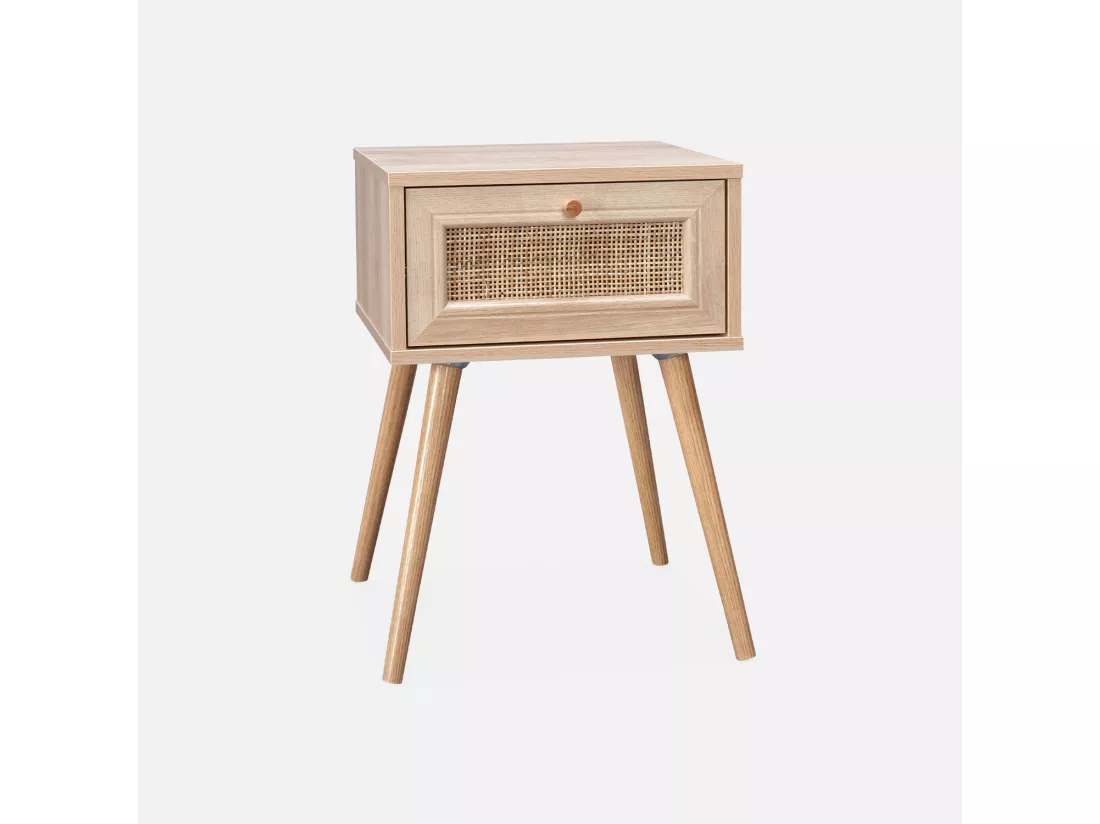 Lot de 2 tables de chevet effet bois & cannage avec 1 tiroir - Bohème