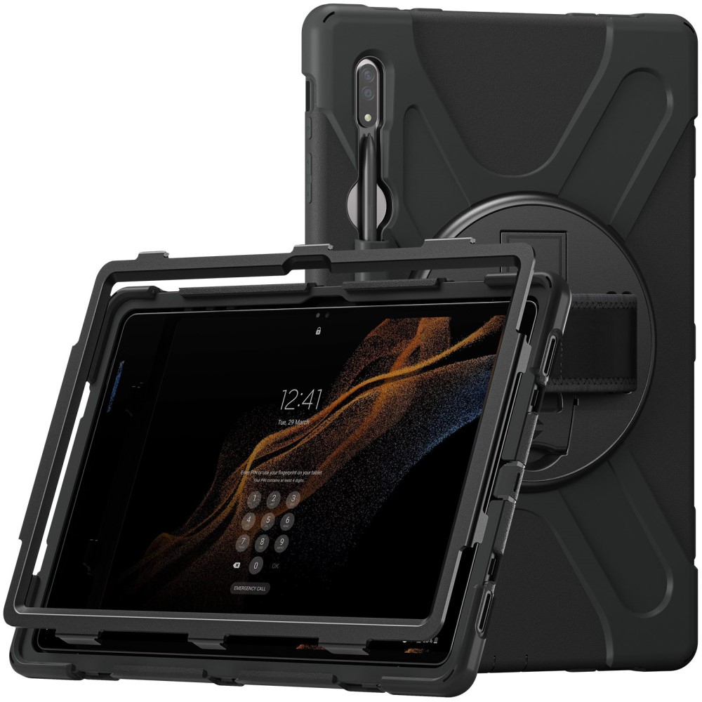 Samsung Galaxy Tab S8 Ultra Hybrid Outdoor Silikon Case Hülle mit Aufsteller und Handschlaufe und Schultergurt - Schwarz