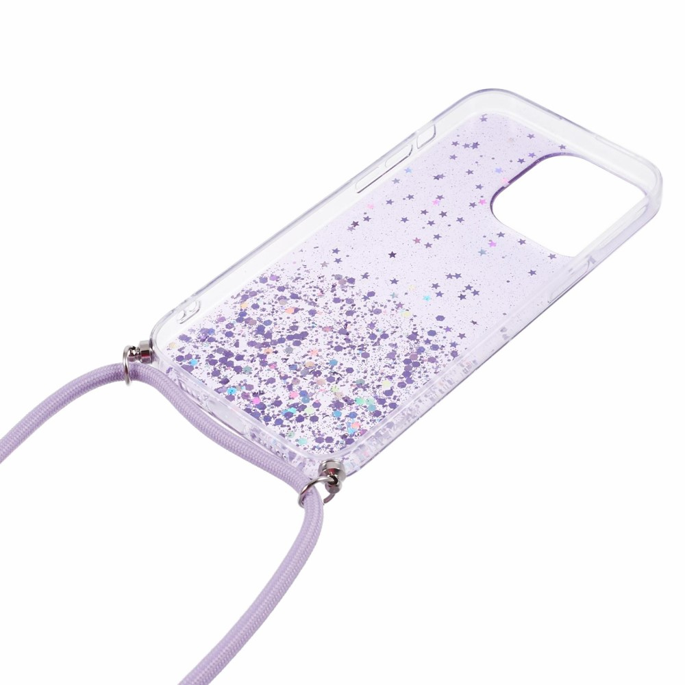 iPhone 15 Pro Necklace Gummi Hülle im Glitzer Design   Handykette (140cm) - Lila / Transparent