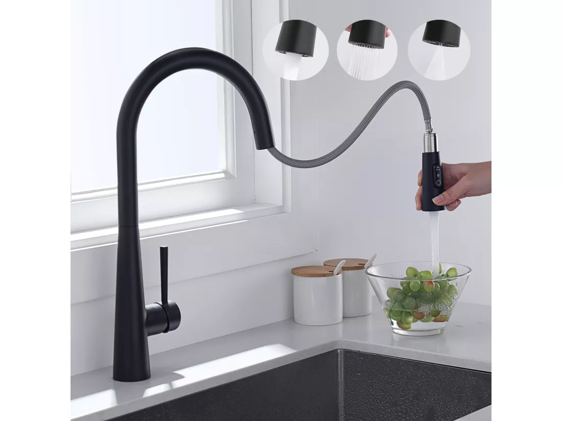 Mitigeur de Cuisine Noir avec 3 Modes Jets Eau, Cecipa max Robinet Evier Haute Qualité 360 Rotatif, Mitigeur avec Douchette Extractible,EU Modèle