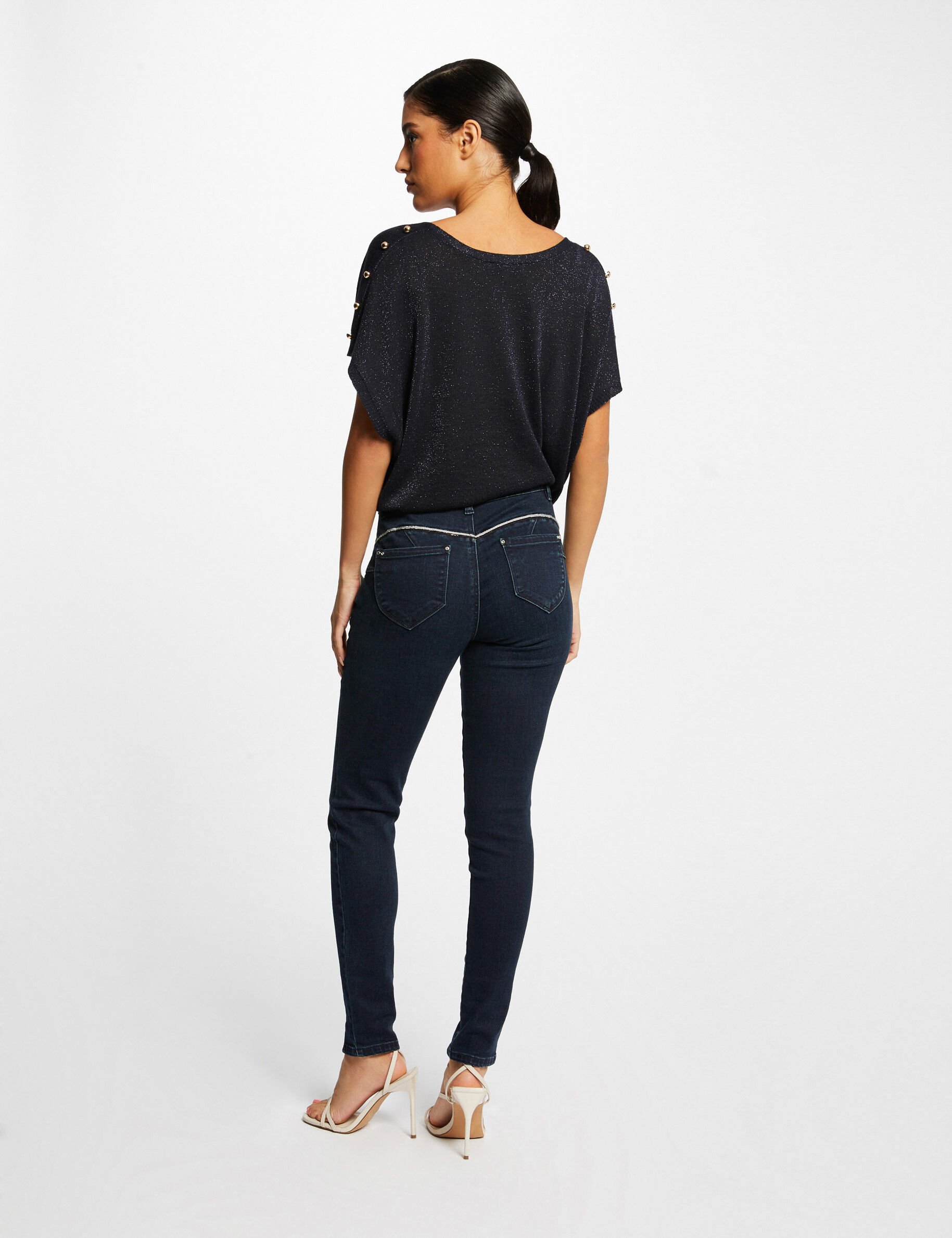 Pull manches courtes à col en V marine femme - marine
