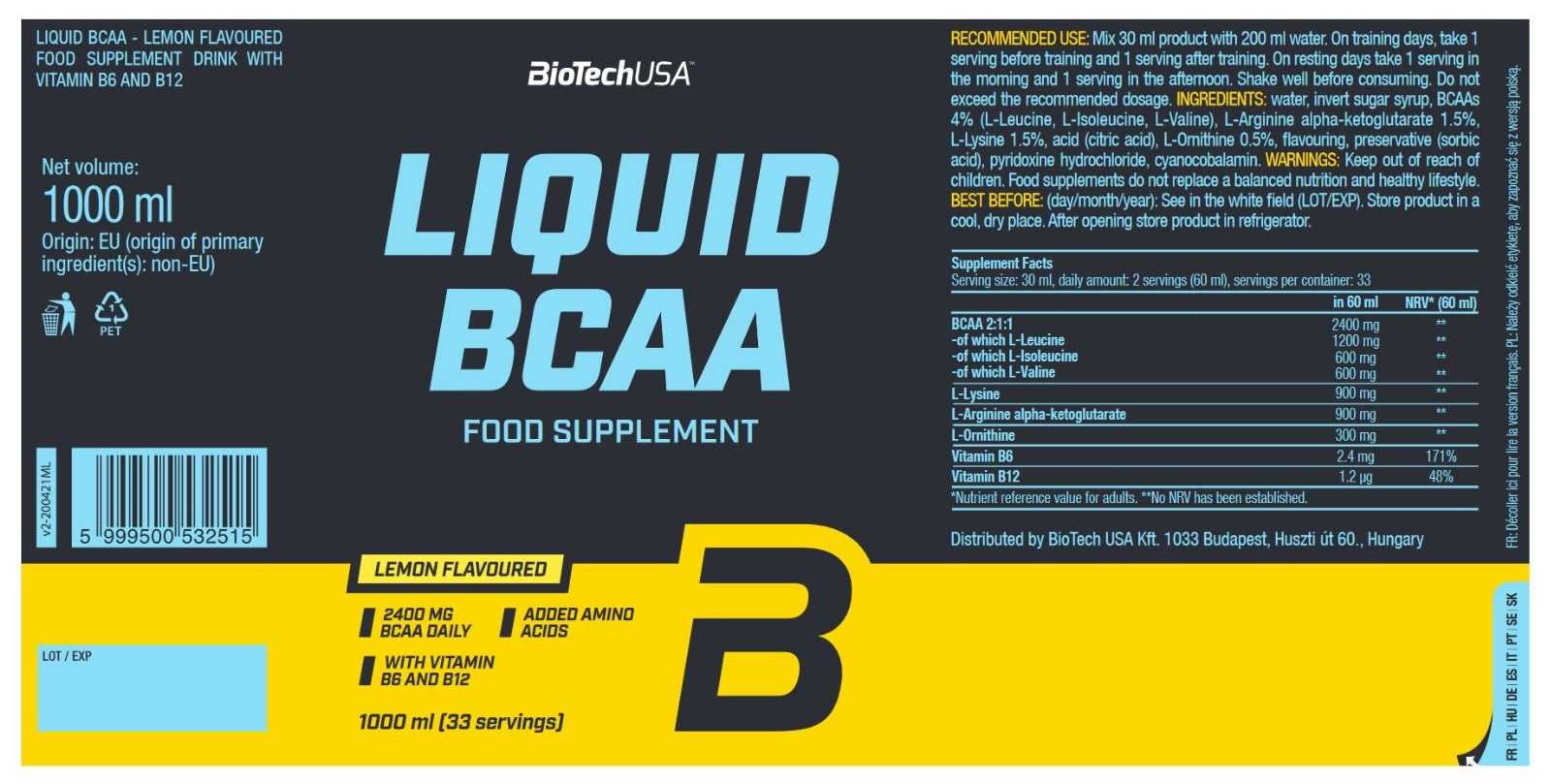 Biotech USA BCAA líquido 1000 ml