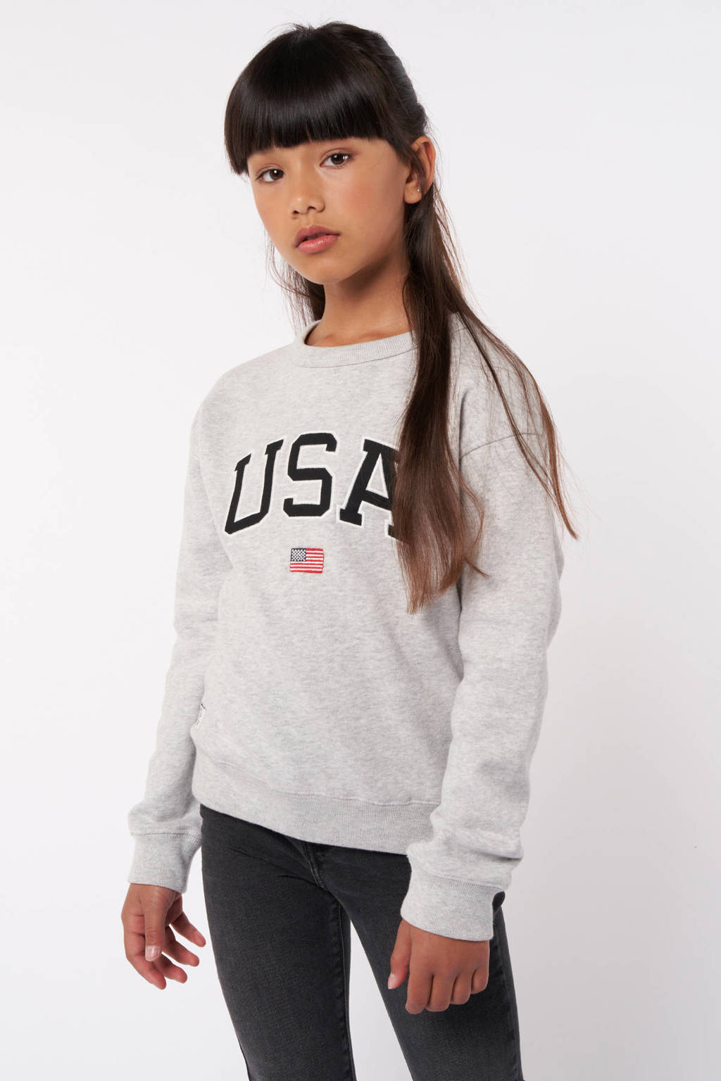 America Today sweater Soel met tekst mid grey melange