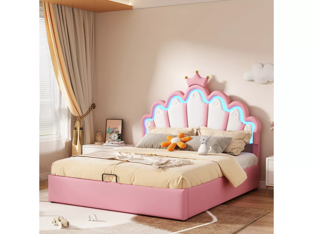 Lit coffre 140 x 200 cm en forme couronne - lit princesse - cuir PU - LEDs - Rose