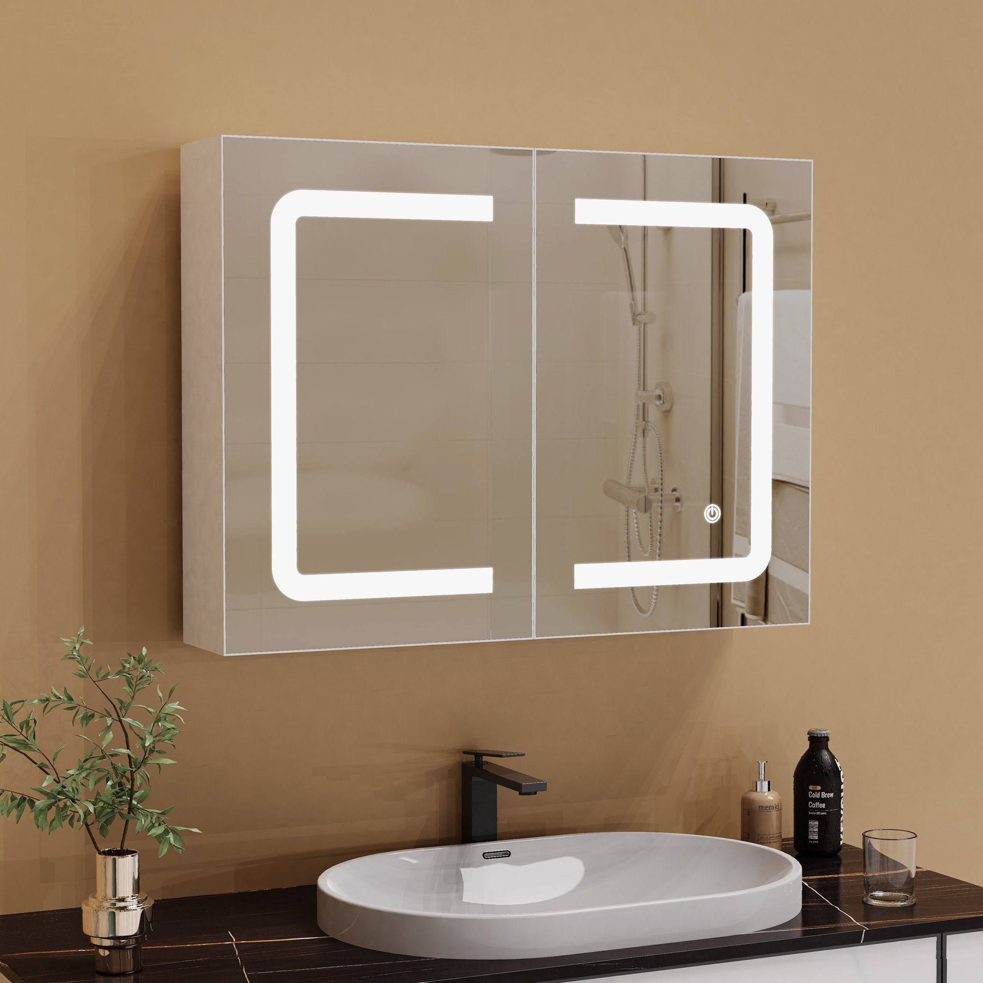 PXloue Badezimmerspiegelschrank Spiegelschrank Doppeltür Hängeschrank 80x60x13.5 cm (Einstellung der warmen und Kalten Farbtemperatur 3000/4500/6400K)