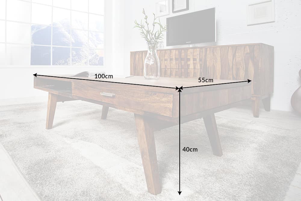 Massivholz Couchtisch RETRO 100cm braun Sheesham stone finish Schubladen handmade