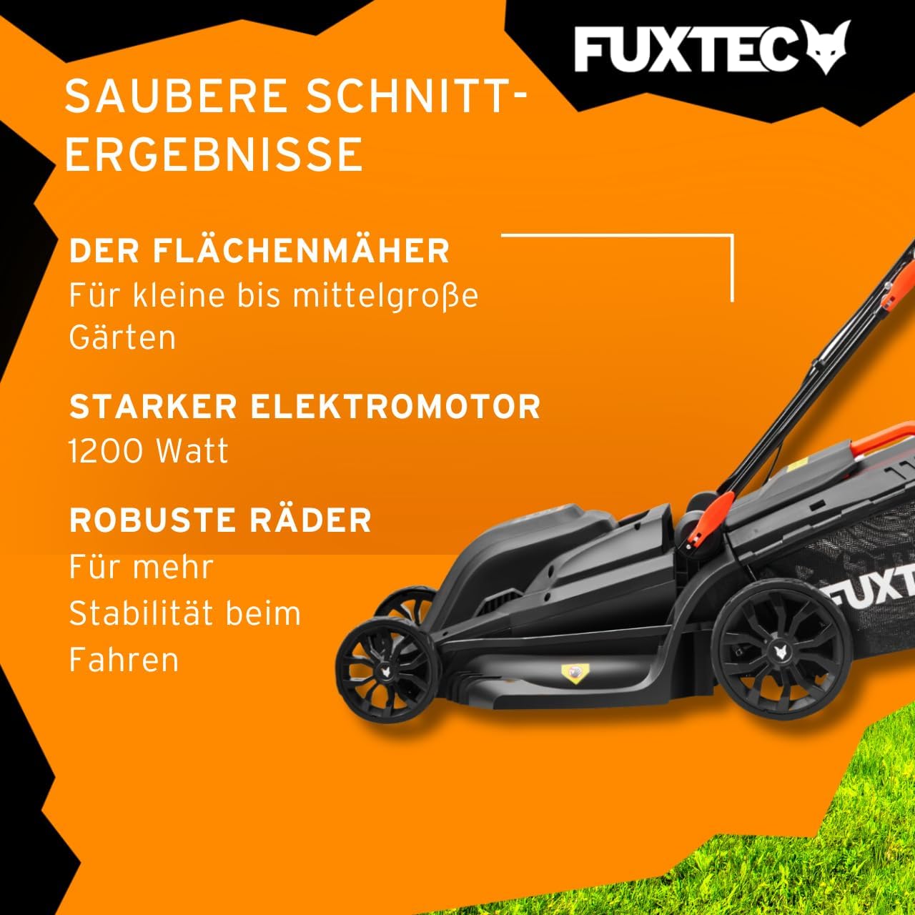 FUXTEC Elektro Rasenmäher FX-RME43, Elektromäher mit 43 cm Schnittbreite, 45 L Grasfangkorb, Variable Schnitthöhe 25-75mm, geräuscharm