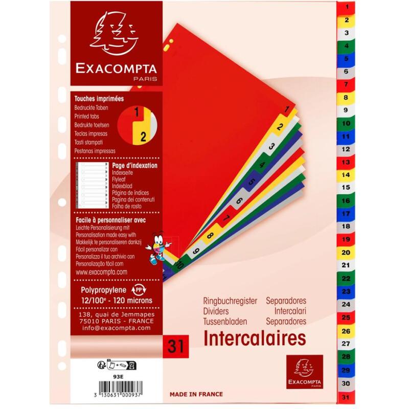 Intercalaires imprimés numériques PP couleurs 31 positions - A4 - Couleurs assorties