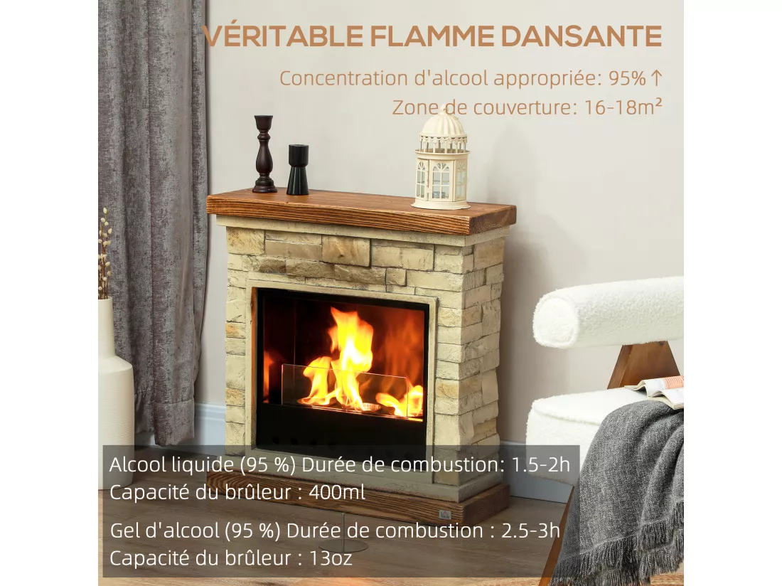 Cheminée bioéthanol - brûleur 400ml, combustion 3h, couverture 16-18 m² - verre trempé protection - marron