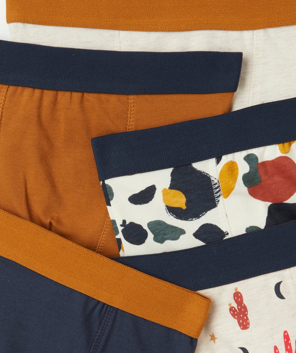 LOT DE 5 BOXERS GARÇON EN COTON BIO ÉCRU CHINÉ BLEU ET MARRON