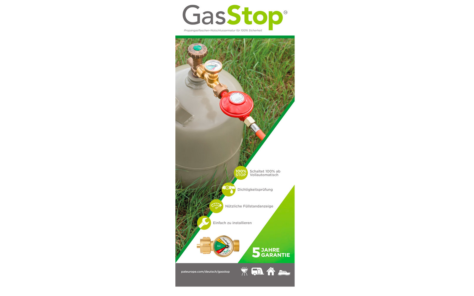 GasStop Notschlussarmatur für Propangasflaschen Version Deutschland