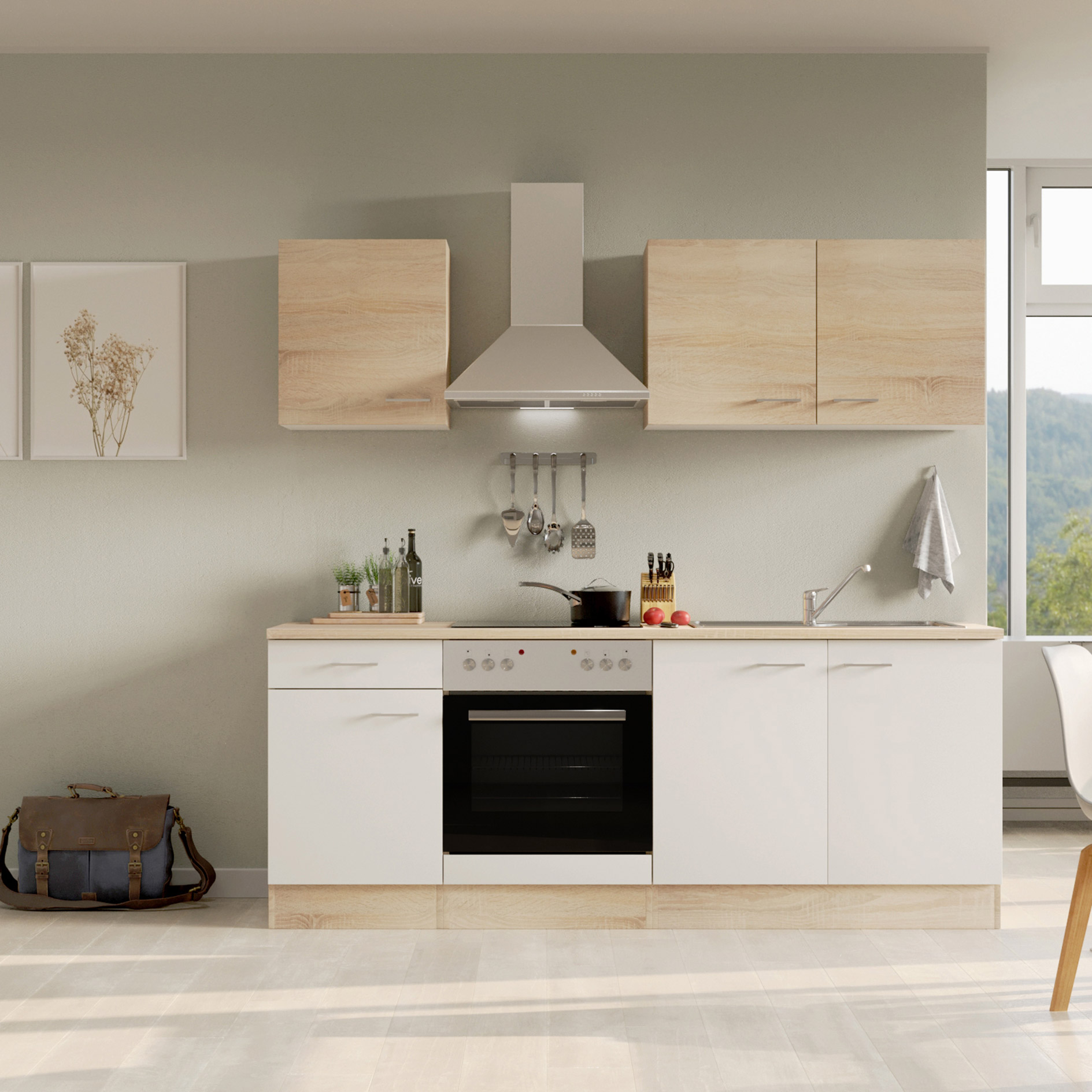 Küchenblock SAMOA - weiß - Sonoma Eiche - mit E-Geräten - 210 cm