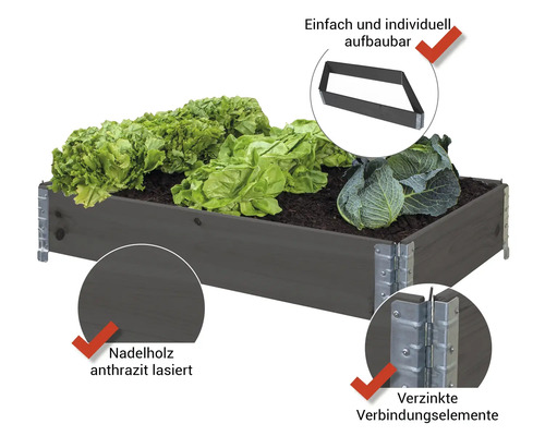 Modulair systeem voor verhoogde tuinbedden, palletframe, wanddikte 19 mm, 120 x 80 x 20 cm, antraciet