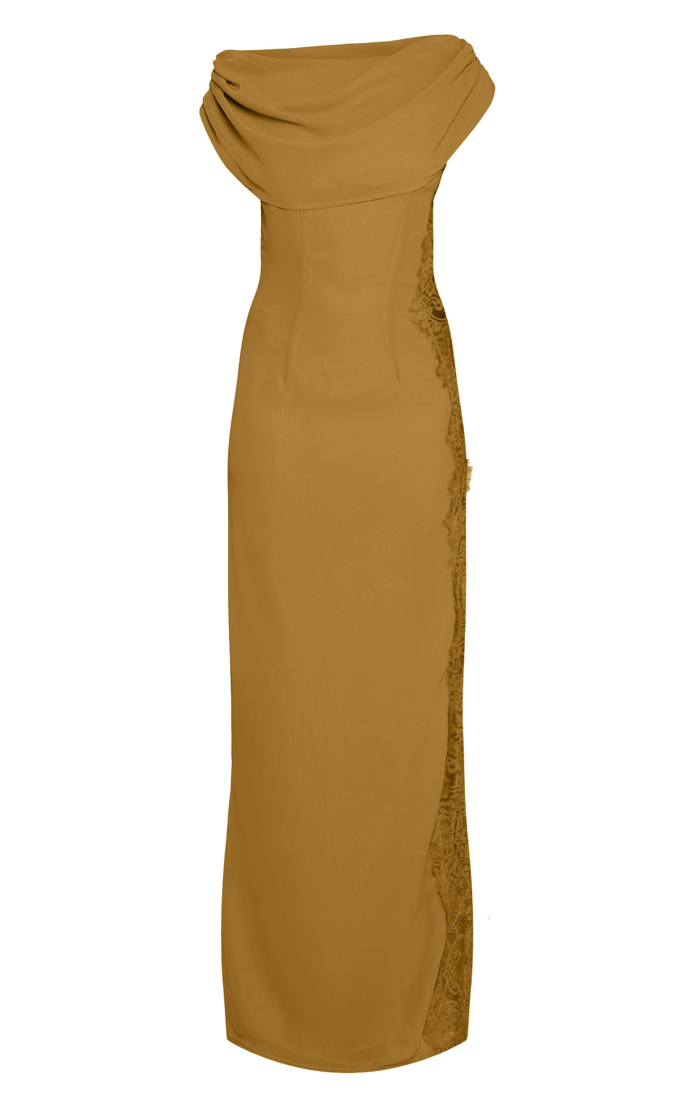 Chartreuse Robe Longue Chartreuse Tissée Avec Détails En Dentelle Sur Les Côtés