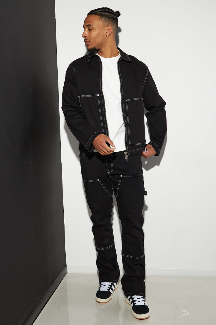 Ensemble 2 pièces veste zippée + jean cargo noir à coutures