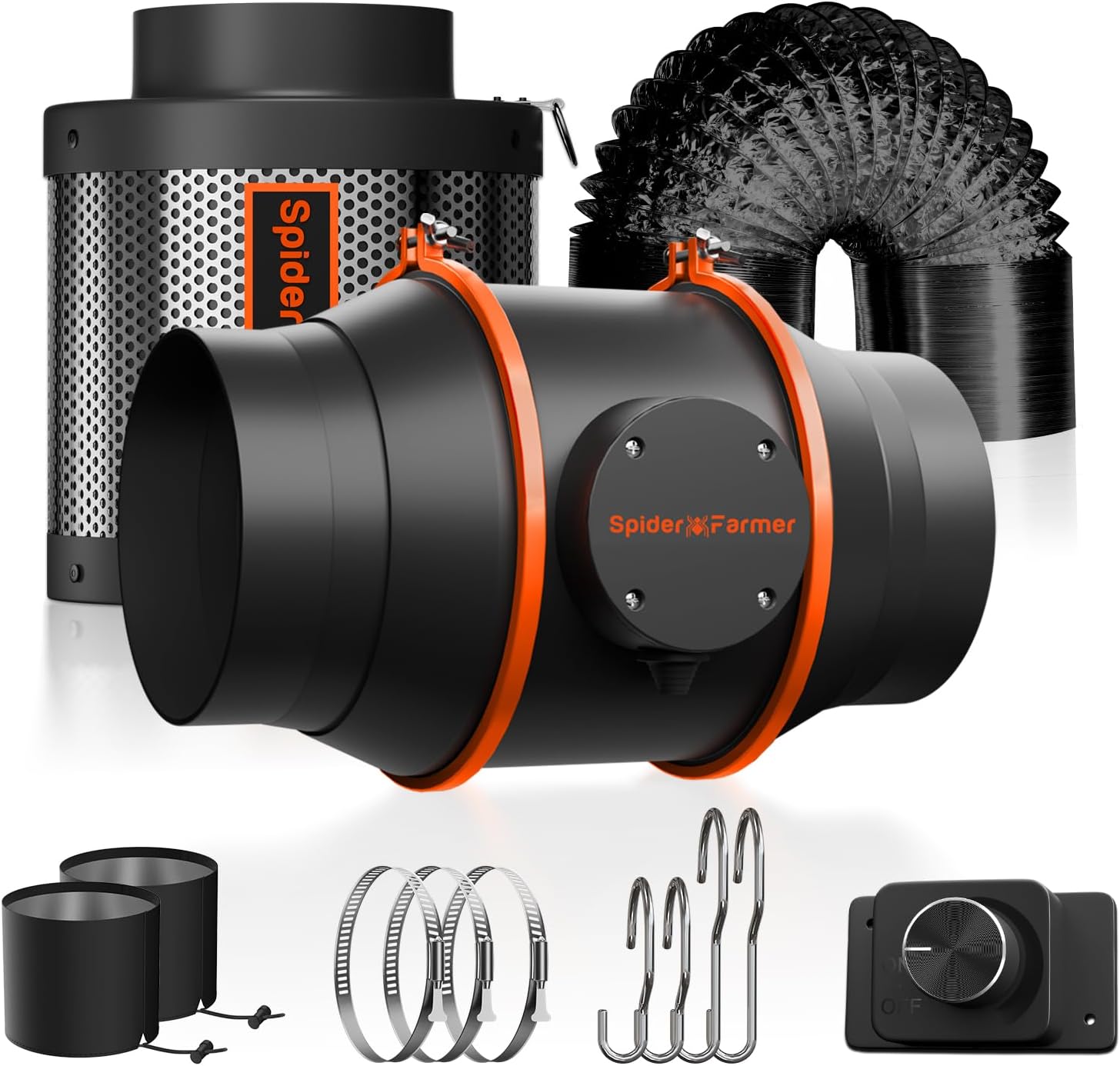 Spider Farmer Rohrventilator 150mm/6 Inch Abluftset mit RJ12 Drehzahlregler, Aktivkohlefilter Abluft Lüftungsset Kohlefilter, 62W Grow Lüfterset, 402 CFM Belüftungssystem für Growzelt, Hydrokultur