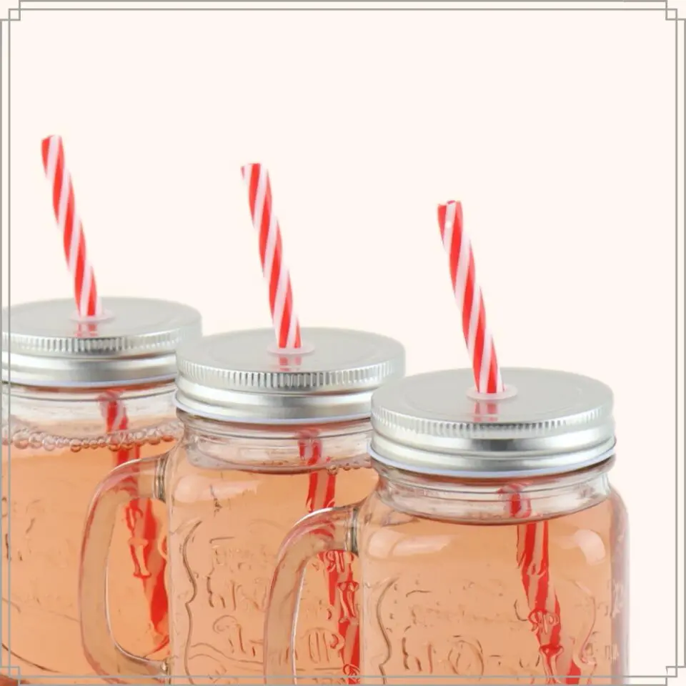 OTIX Mason jar Drinkbeker met Rietje Set van 4 Zilvere dop 450 ml
