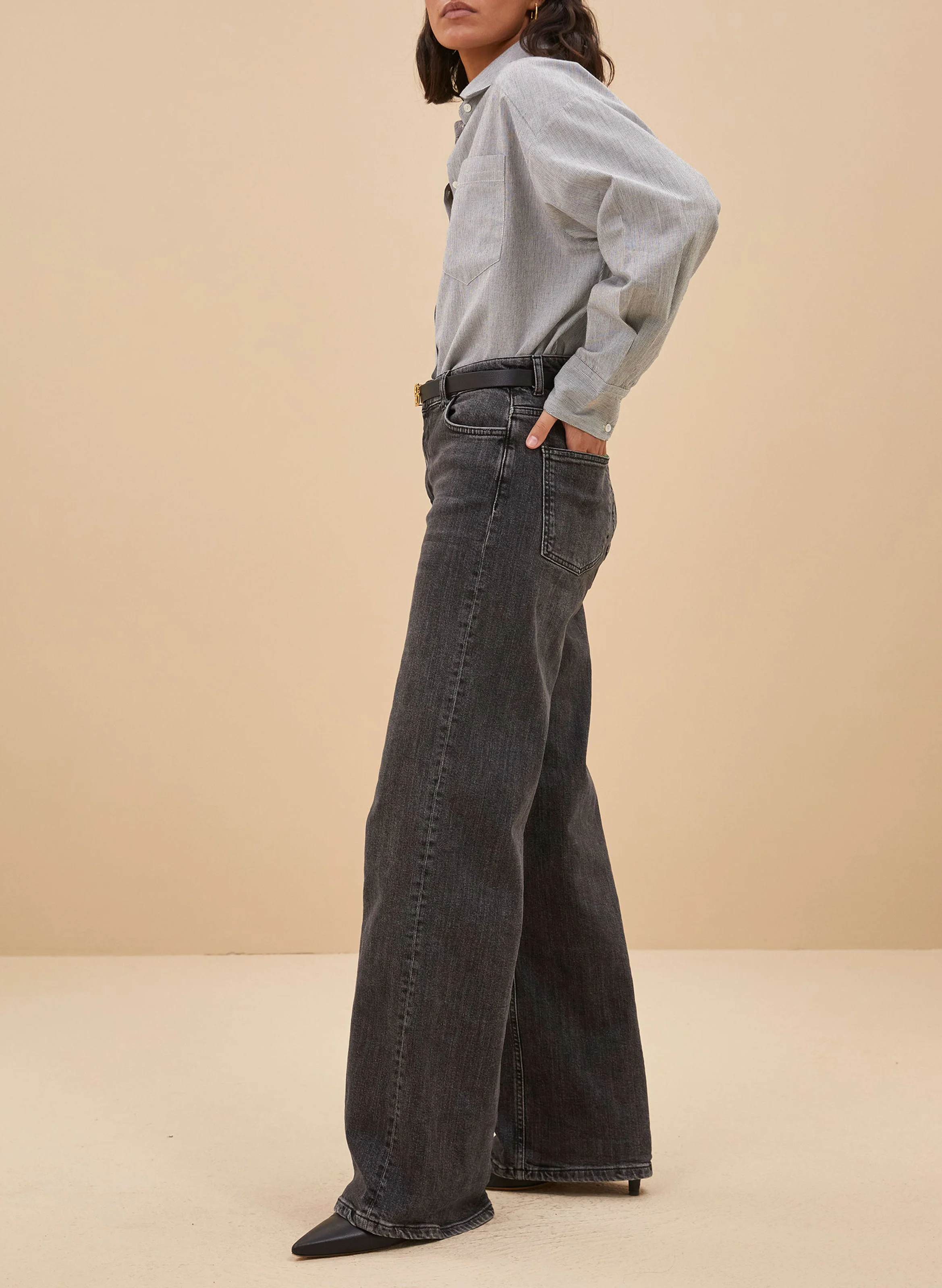 LINA - Jean large taille haute en coton bio | Gris
