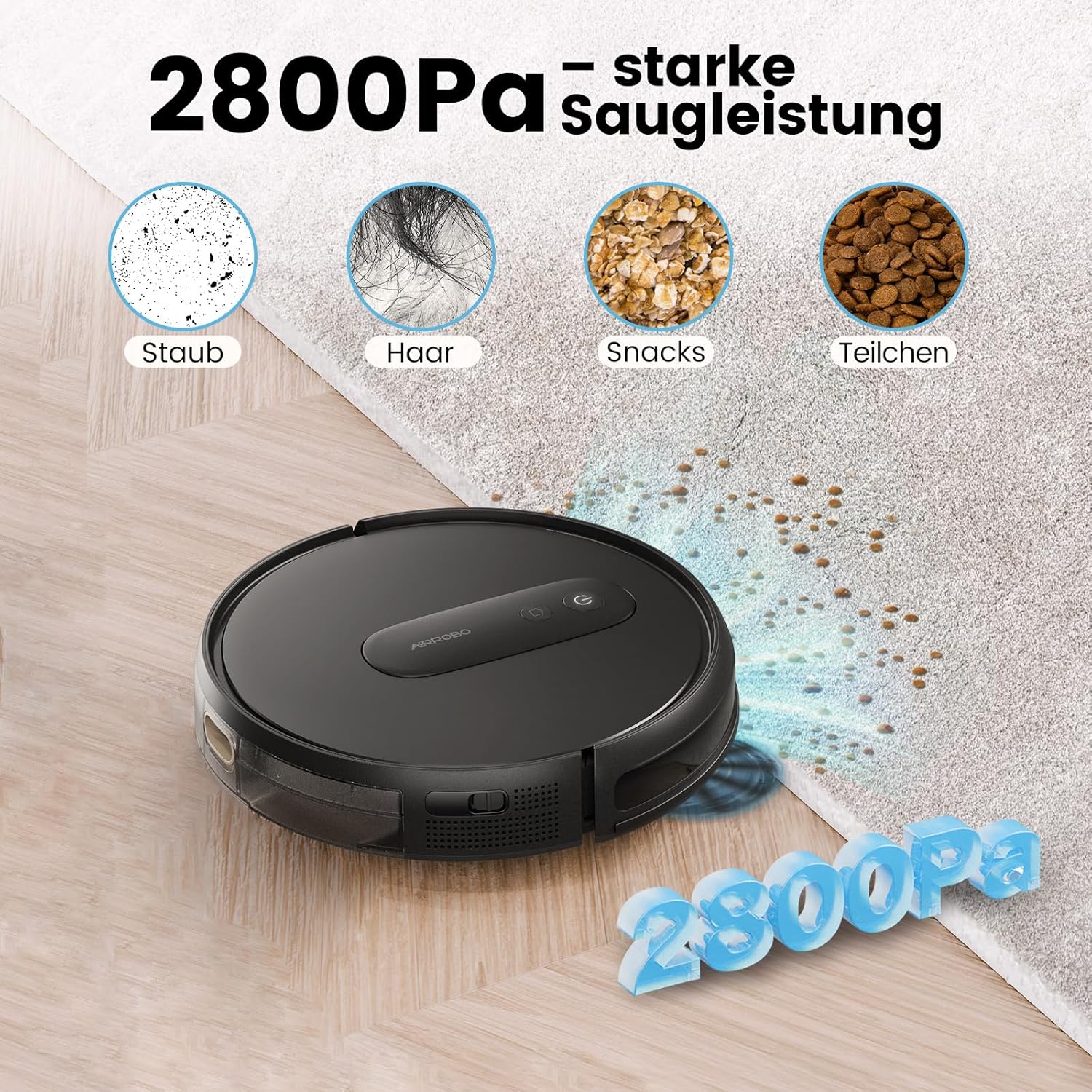 AIRROBO P25 Saugroboter, Staubsauger Roboter 2800 Pa, Schlank und Geräuscharm Roboterstaubsauger für Tierhaare Hartböden Teppich, APP Steuerung, 120Mins Max, Fernbedienung (Schwarz)