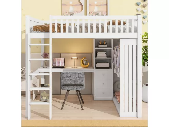 Lit mezzanine 140x200 Bureau Armoire 3 tiroirs Garde-corps Escalier Blanc