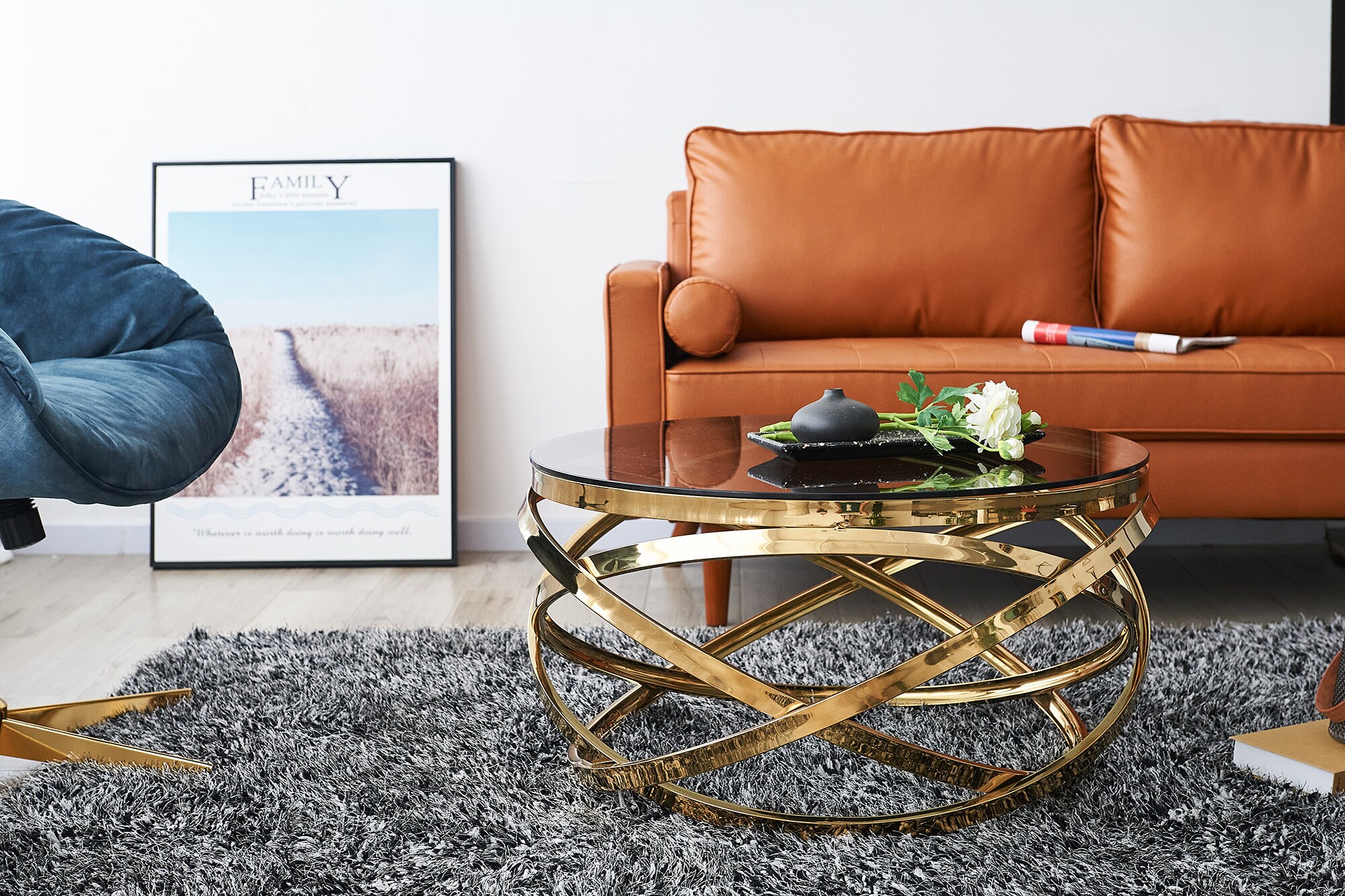 Couchtisch Ø 80 cm gold grau Glastisch Beistelltisch Sofatisch Wohnzimmertisch