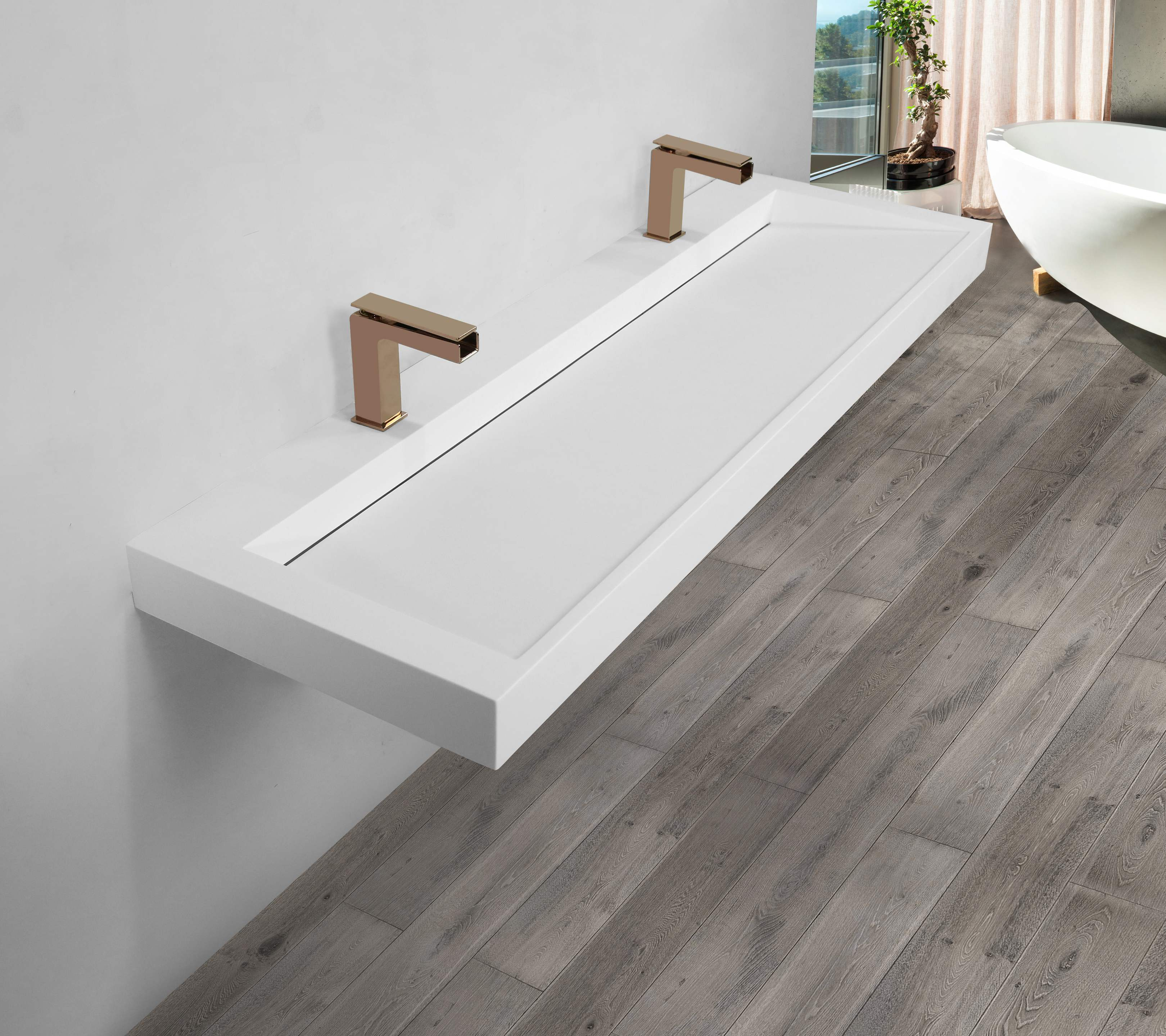 Saniclear Hoya solid surface wastafel 140x45,5cm met 2 kraangaten mat wit