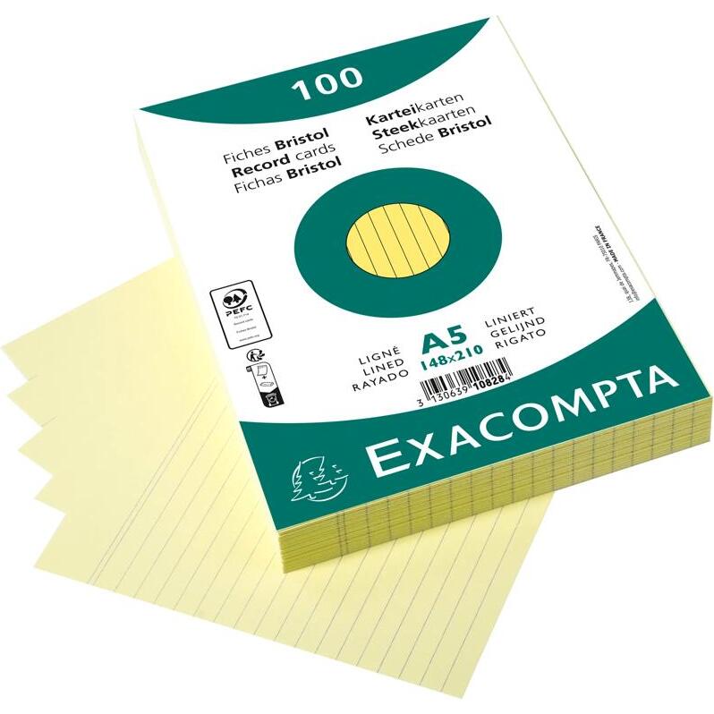 Paquet 100 fiches sous film - bristol ligné non perforé 148x210mm - Jaune