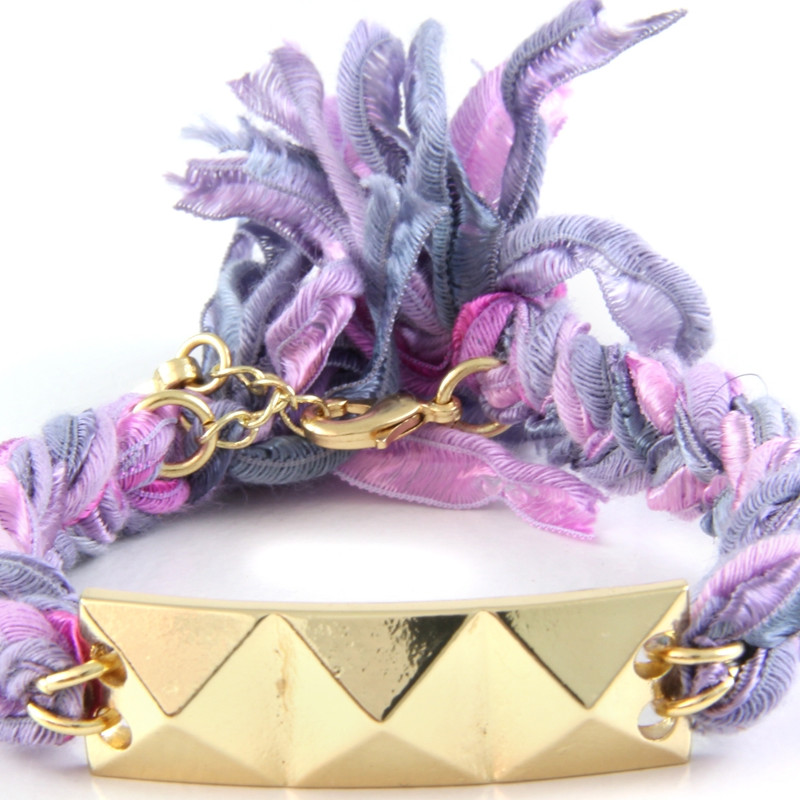 Ettika - Bracelet Pyramide en Or Jaune et Coton Rubans Tressés Violets