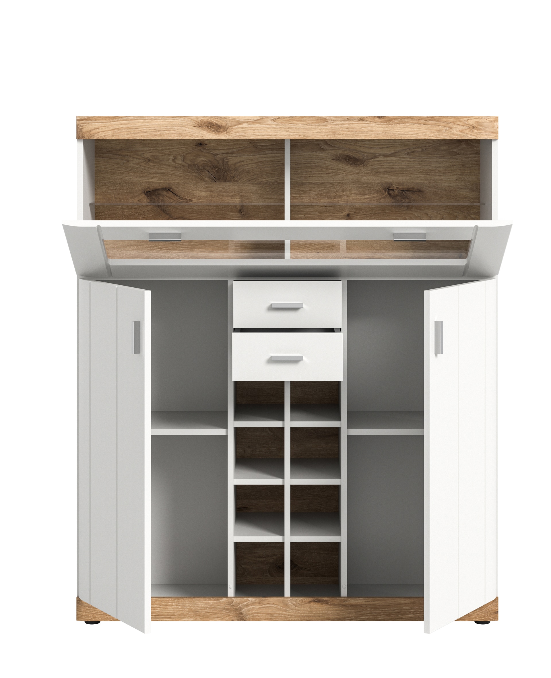 Barschrank LAREDO 117 x 142 cm weiß matt tiefgezogen/Nox Eiche Dekor