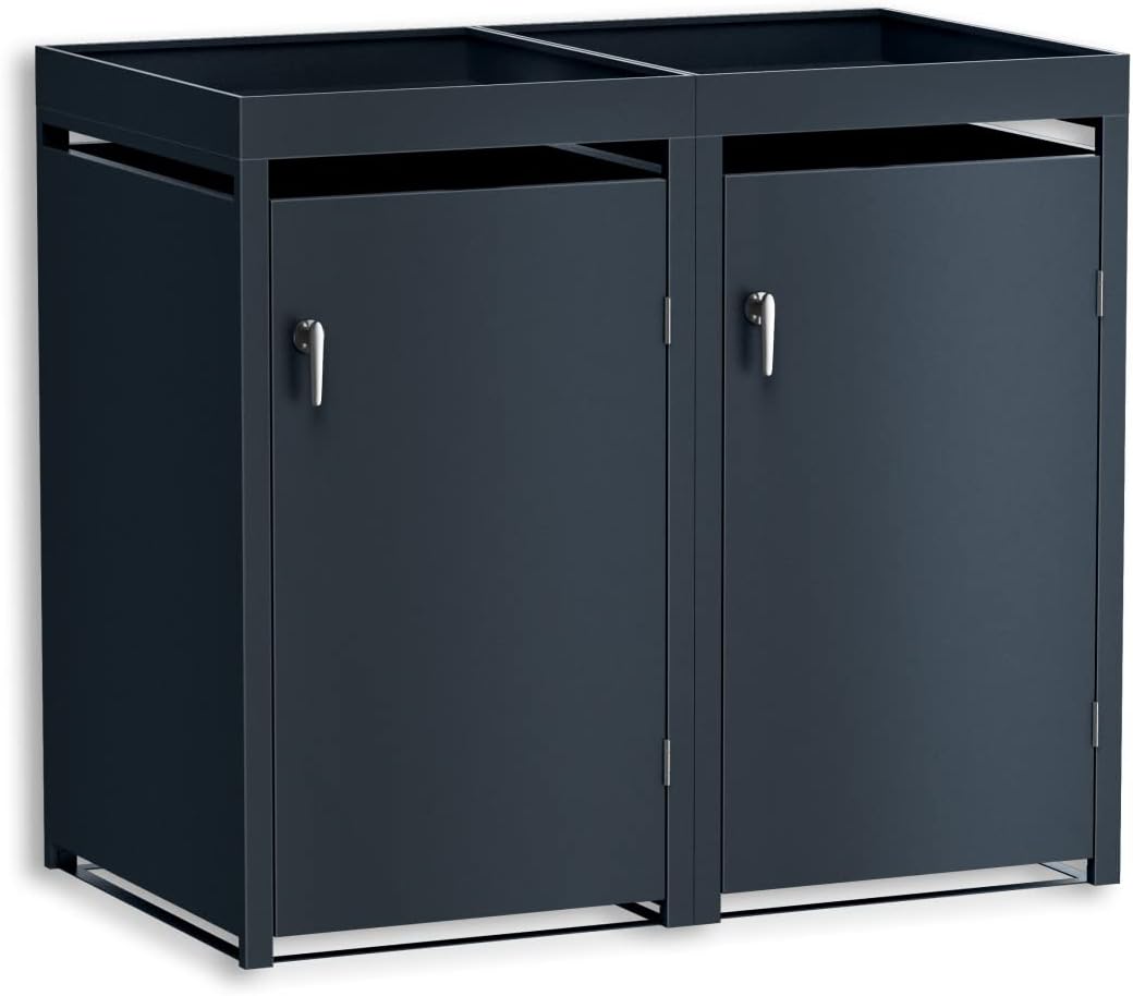 Metzler Mülltonnenbox in Anthrazit mit Pflanzdach 2er 240L, Mülltonnenverkleidung 2 Tonnen, witterungsbeständiger und pulverbeschichteter Stahl mit Automatikdeckel, abschließbar, Garten- und Müllbox